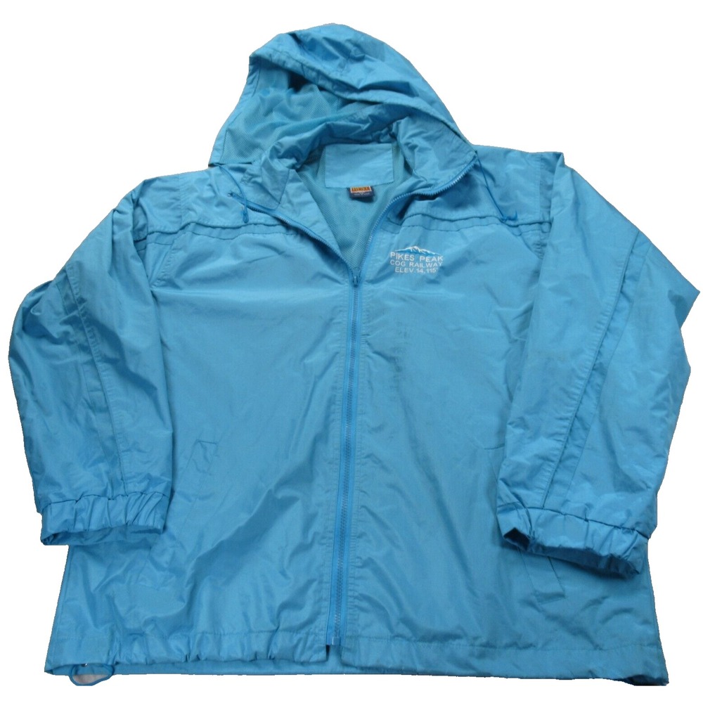 Tipsy Jacket Mens Large Blue Pikes Peak Railway Adjustable Hood Zip Rain VTG